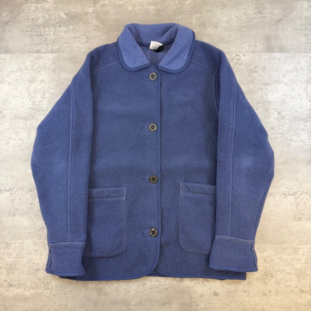 LL Bean Vintage Blue Fleece Chore Jacket Button Up Womens Petite 0WK48 USA Made